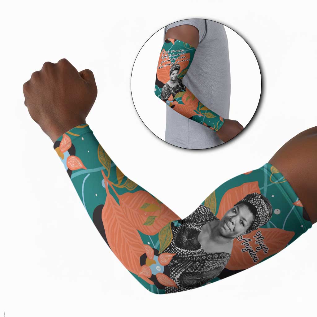 Maya Angelou Arm Sleeves Inspirational Quote Design Vibrant Teal and Orange Leaf Motif - Wonder Print Shop