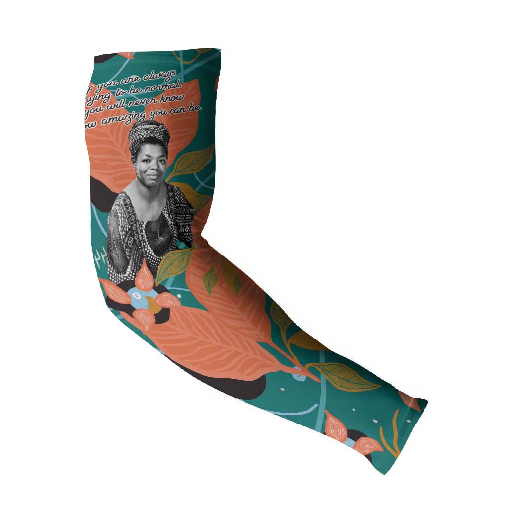 Maya Angelou Arm Sleeves Inspirational Quote Design Vibrant Teal and Orange Leaf Motif - Wonder Print Shop