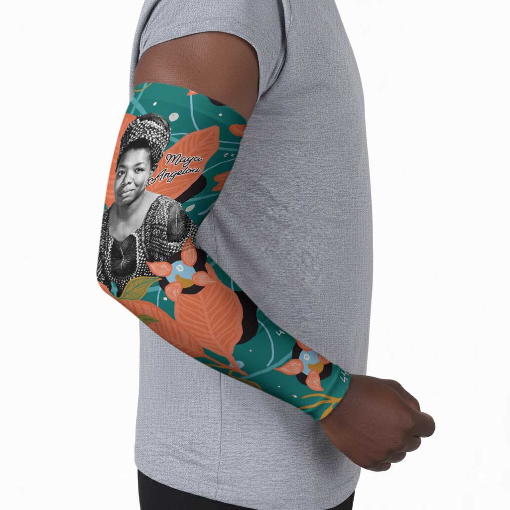 Maya Angelou Arm Sleeves Inspirational Quote Design Vibrant Teal and Orange Leaf Motif - Wonder Print Shop