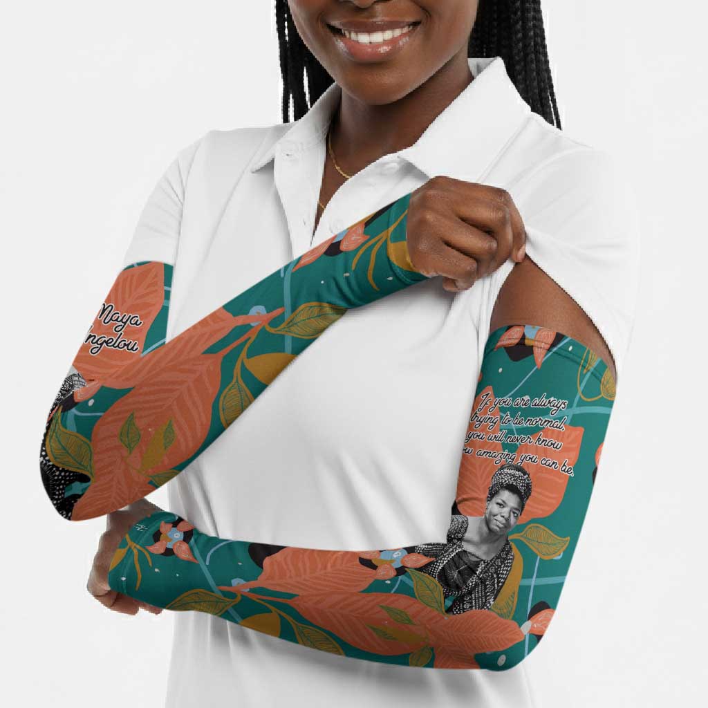 Maya Angelou Arm Sleeves Inspirational Quote Design Vibrant Teal and Orange Leaf Motif - Wonder Print Shop