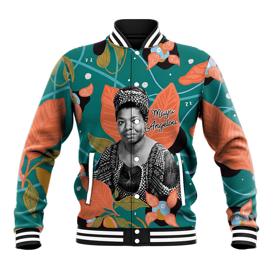 Maya Angelou Baseball Jacket Inspirational Quote Design Vibrant Teal and Orange Leaf Motif - Wonder Print Shop