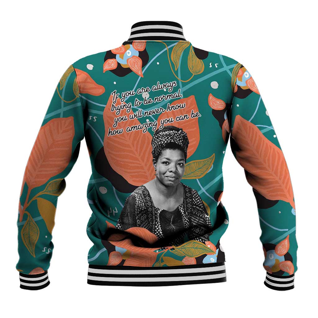 Maya Angelou Baseball Jacket Inspirational Quote Design Vibrant Teal and Orange Leaf Motif - Wonder Print Shop