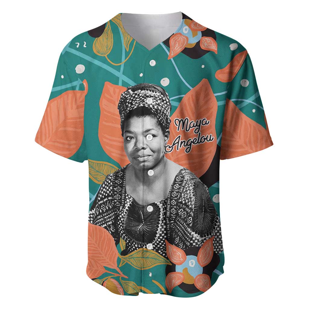 Maya Angelou Baseball Jersey Inspirational Quote Design Vibrant Teal and Orange Leaf Motif - Wonder Print Shop