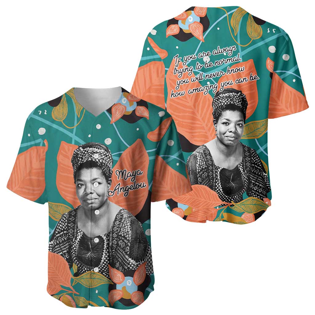Maya Angelou Baseball Jersey Inspirational Quote Design Vibrant Teal and Orange Leaf Motif - Wonder Print Shop
