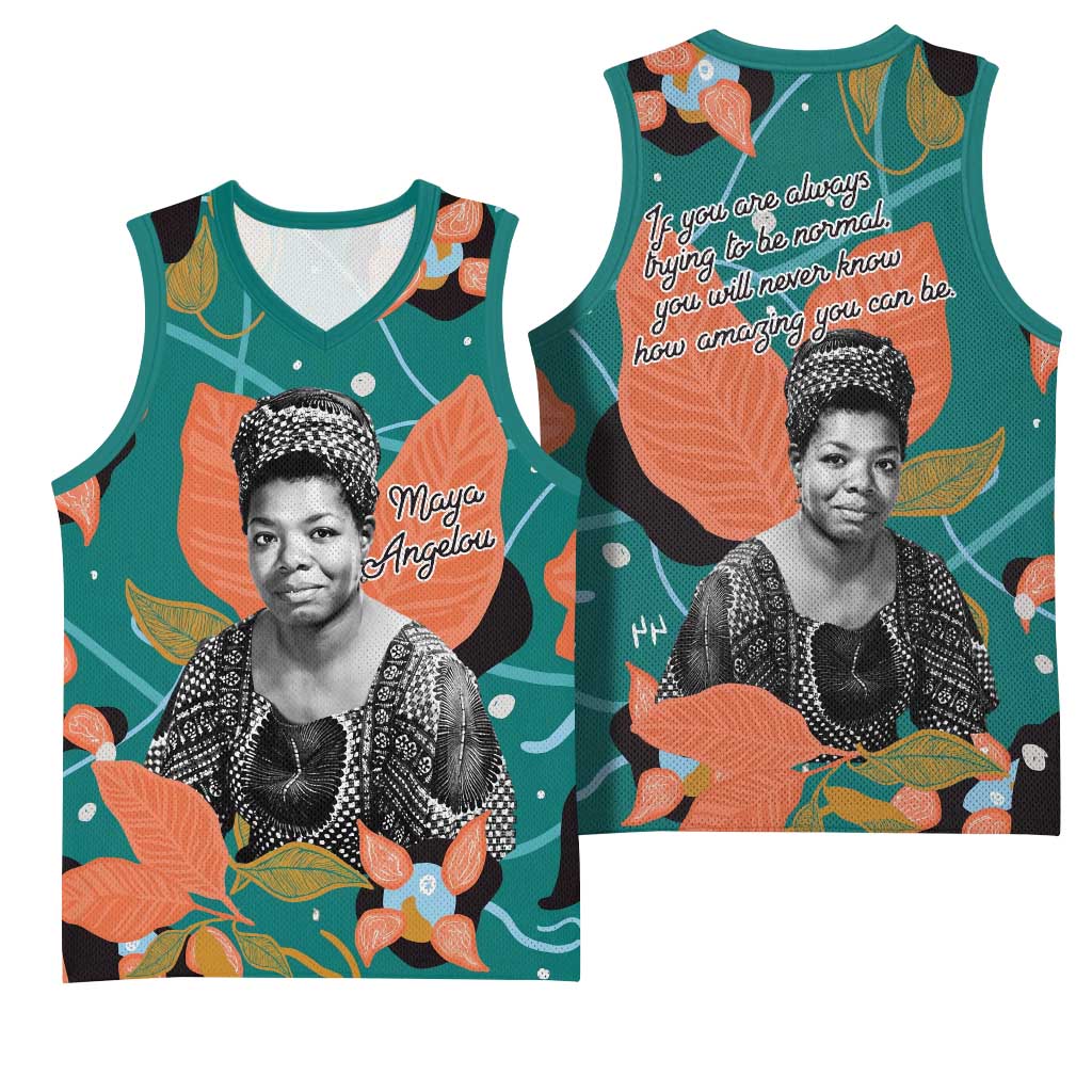 Maya Angelou Basketball Jersey Inspirational Quote Design Vibrant Teal and Orange Leaf Motif - Wonder Print Shop