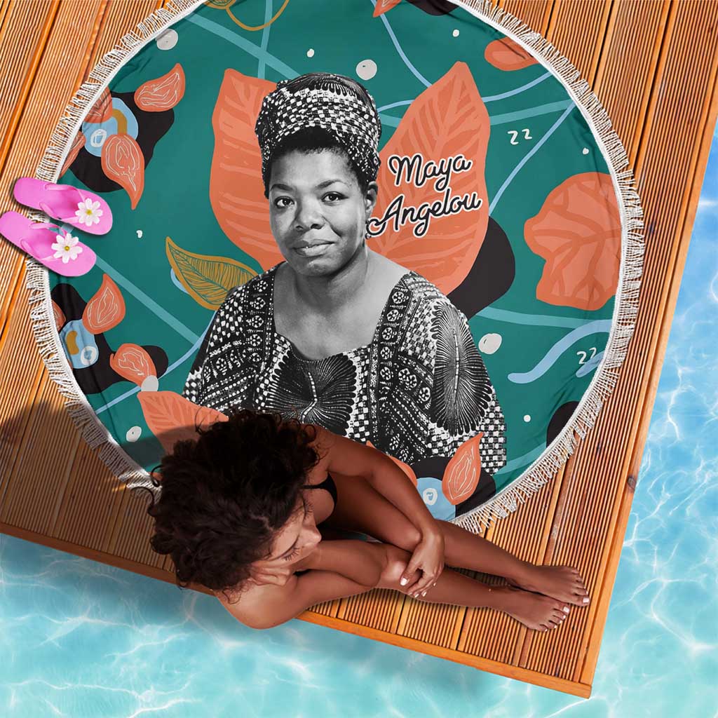 Maya Angelou Beach Blanket Inspirational Quote Design Vibrant Teal and Orange Leaf Motif - Wonder Print Shop