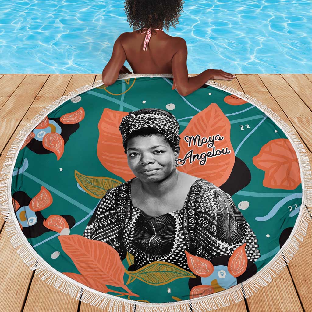 Maya Angelou Beach Blanket Inspirational Quote Design Vibrant Teal and Orange Leaf Motif - Wonder Print Shop