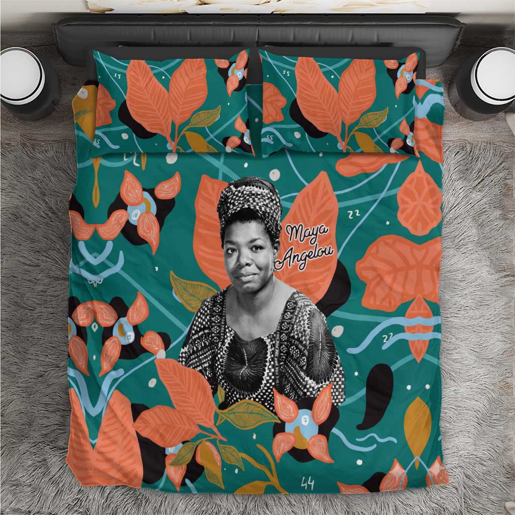 Maya Angelou Bedding Set Inspirational Quote Design Vibrant Teal and Orange Leaf Motif - Wonder Print Shop