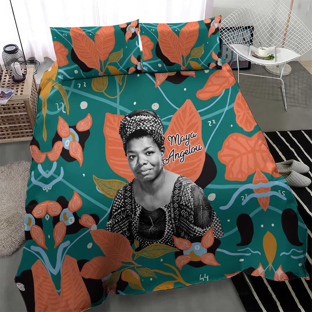 Maya Angelou Bedding Set Inspirational Quote Design Vibrant Teal and Orange Leaf Motif - Wonder Print Shop