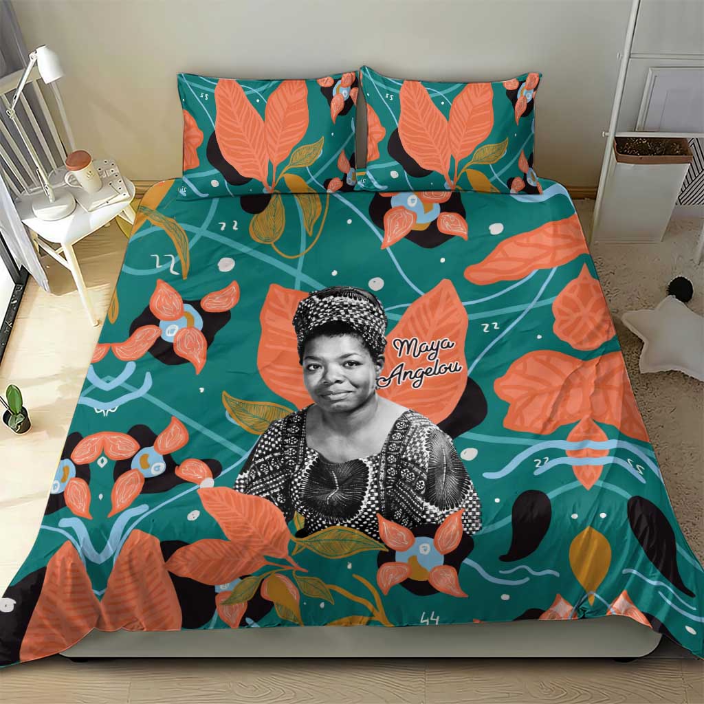 Maya Angelou Bedding Set Inspirational Quote Design Vibrant Teal and Orange Leaf Motif - Wonder Print Shop