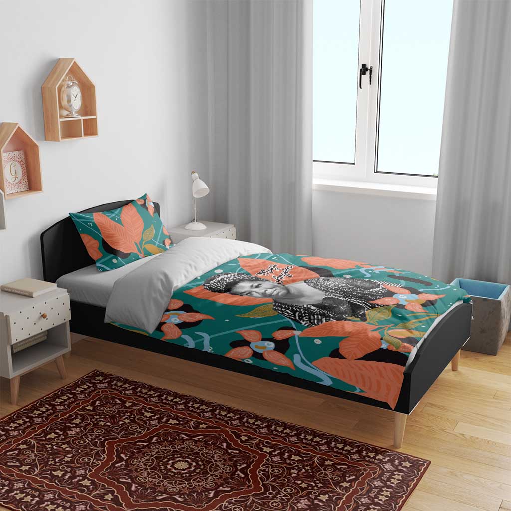 Maya Angelou Bedding Set Inspirational Quote Design Vibrant Teal and Orange Leaf Motif - Wonder Print Shop