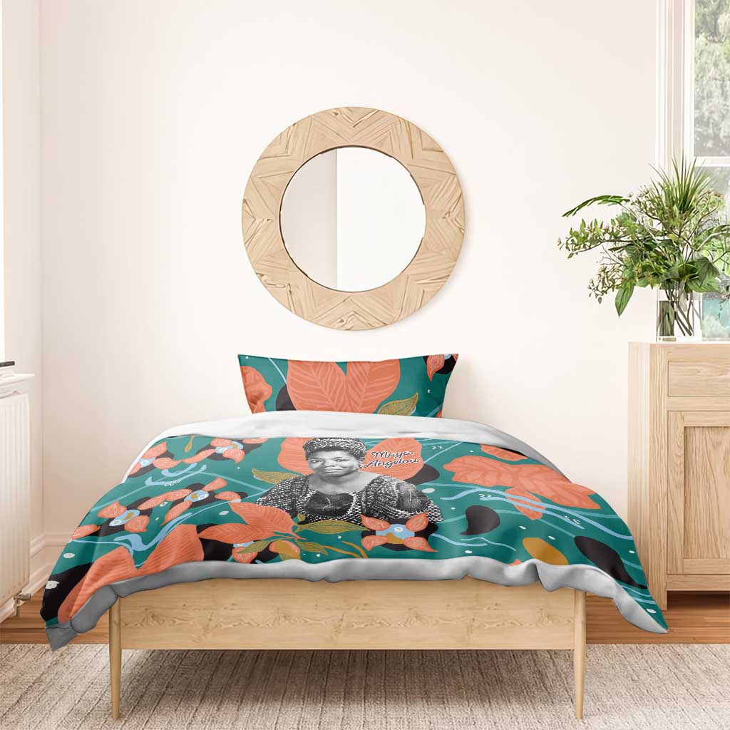 Maya Angelou Bedding Set Inspirational Quote Design Vibrant Teal and Orange Leaf Motif - Wonder Print Shop