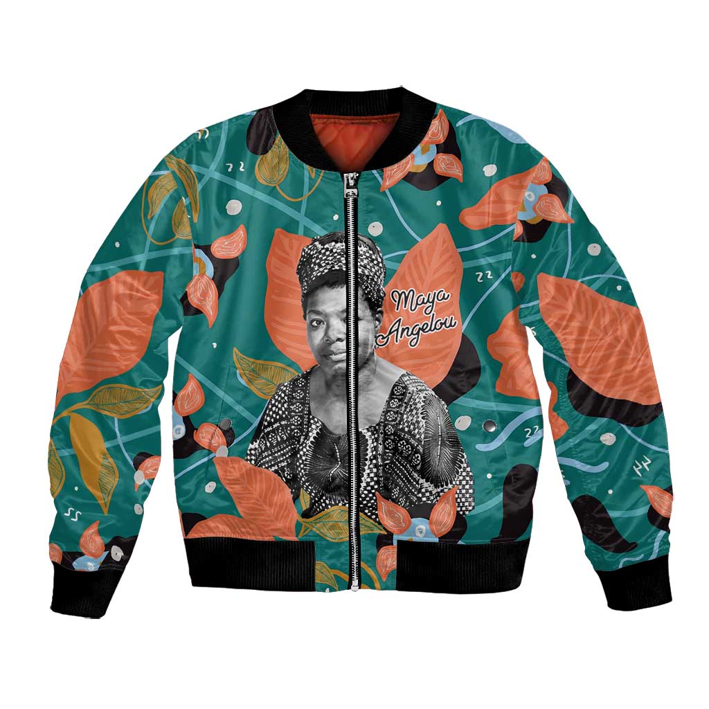 Maya Angelou Bomber Jacket Inspirational Quote Design Vibrant Teal and Orange Leaf Motif - Wonder Print Shop