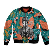 Maya Angelou Bomber Jacket Inspirational Quote Design Vibrant Teal and Orange Leaf Motif - Wonder Print Shop