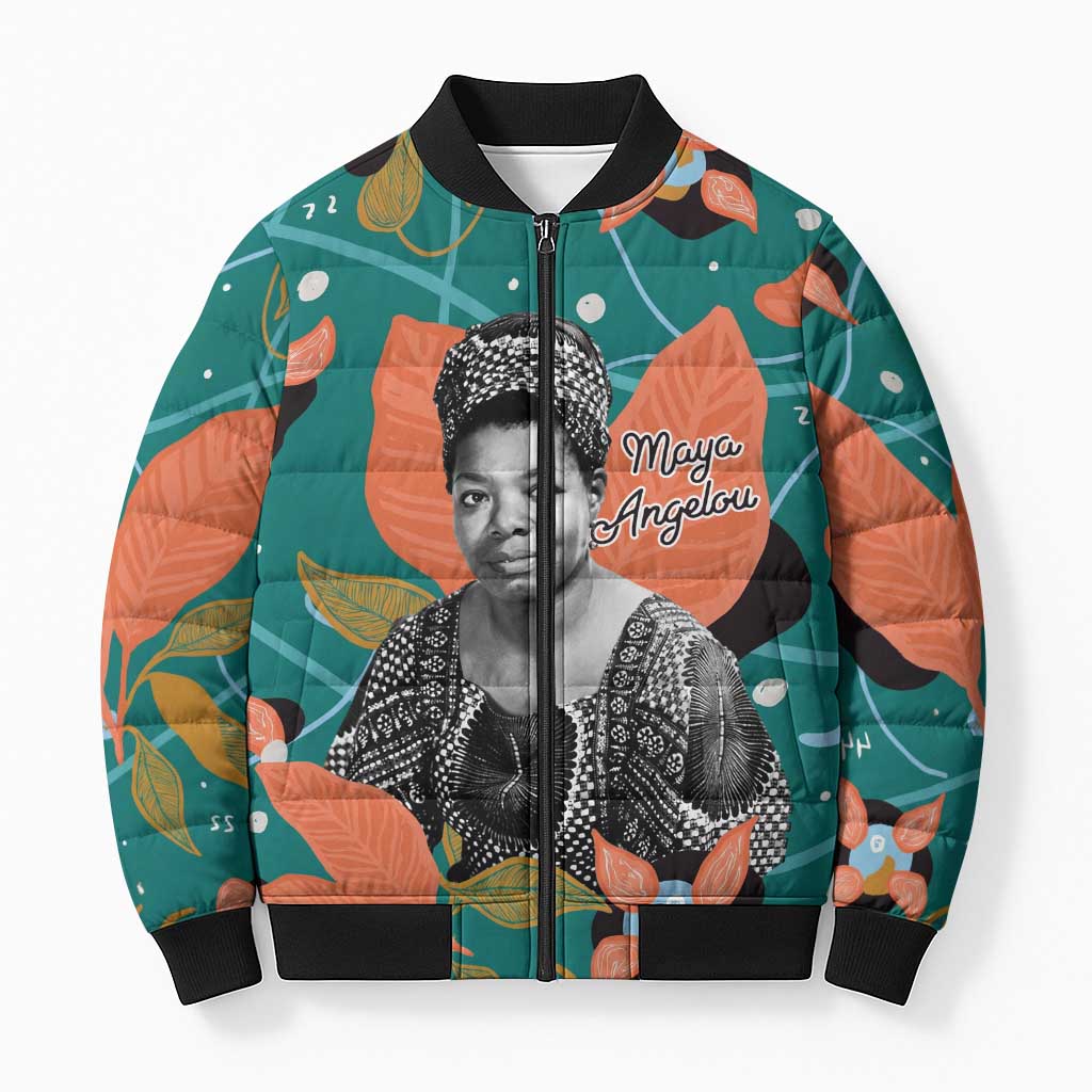Maya Angelou Bomber Puffer Jacket Inspirational Quote Design Vibrant Teal and Orange Leaf Motif - Wonder Print Shop