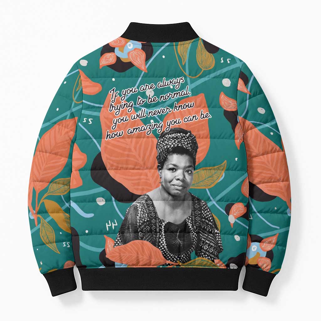 Maya Angelou Bomber Puffer Jacket Inspirational Quote Design Vibrant Teal and Orange Leaf Motif - Wonder Print Shop