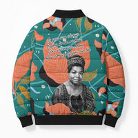 Maya Angelou Bomber Puffer Jacket Inspirational Quote Design Vibrant Teal and Orange Leaf Motif - Wonder Print Shop