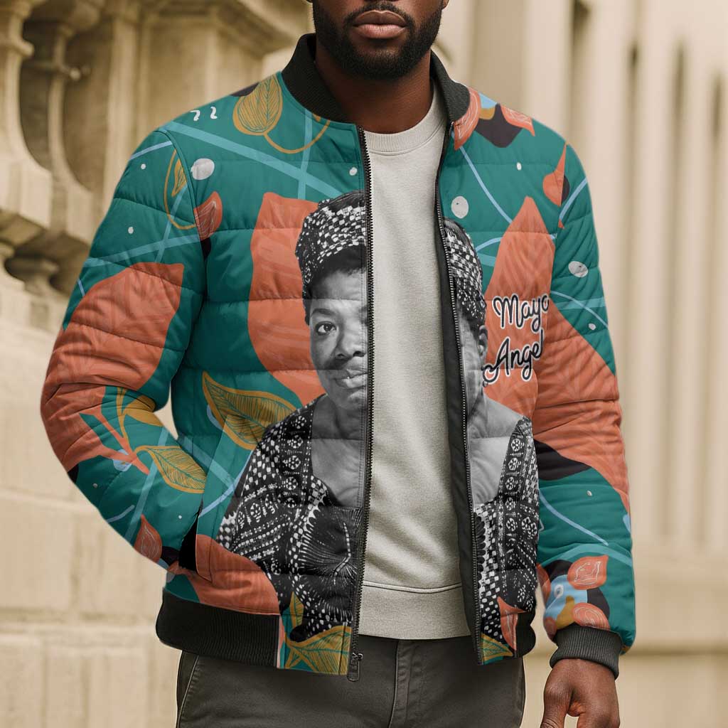 Maya Angelou Bomber Puffer Jacket Inspirational Quote Design Vibrant Teal and Orange Leaf Motif - Wonder Print Shop
