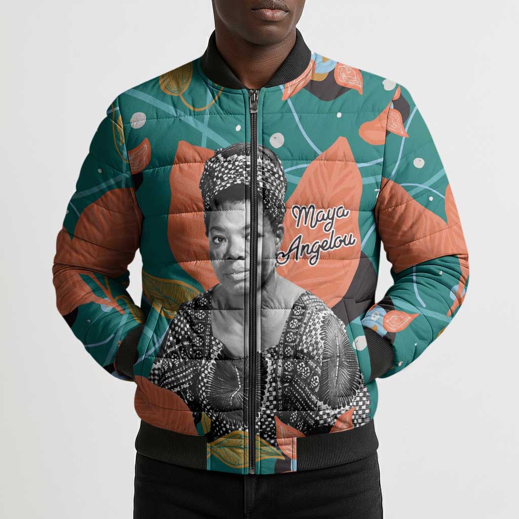 Maya Angelou Bomber Puffer Jacket Inspirational Quote Design Vibrant Teal and Orange Leaf Motif - Wonder Print Shop