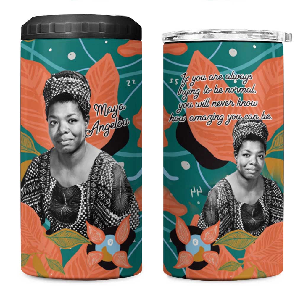 Maya Angelou 4 in 1 Can Cooler Tumbler Inspirational Quote Design Vibrant Teal and Orange Leaf Motif - Wonder Print Shop