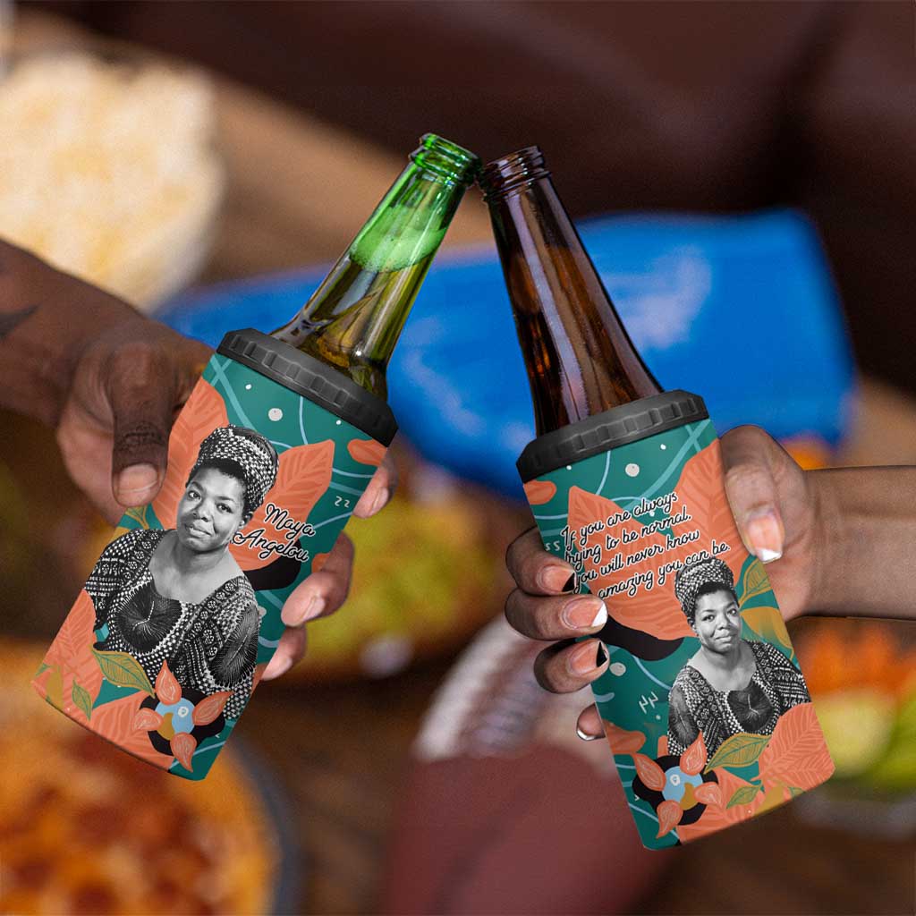Maya Angelou 4 in 1 Can Cooler Tumbler Inspirational Quote Design Vibrant Teal and Orange Leaf Motif - Wonder Print Shop