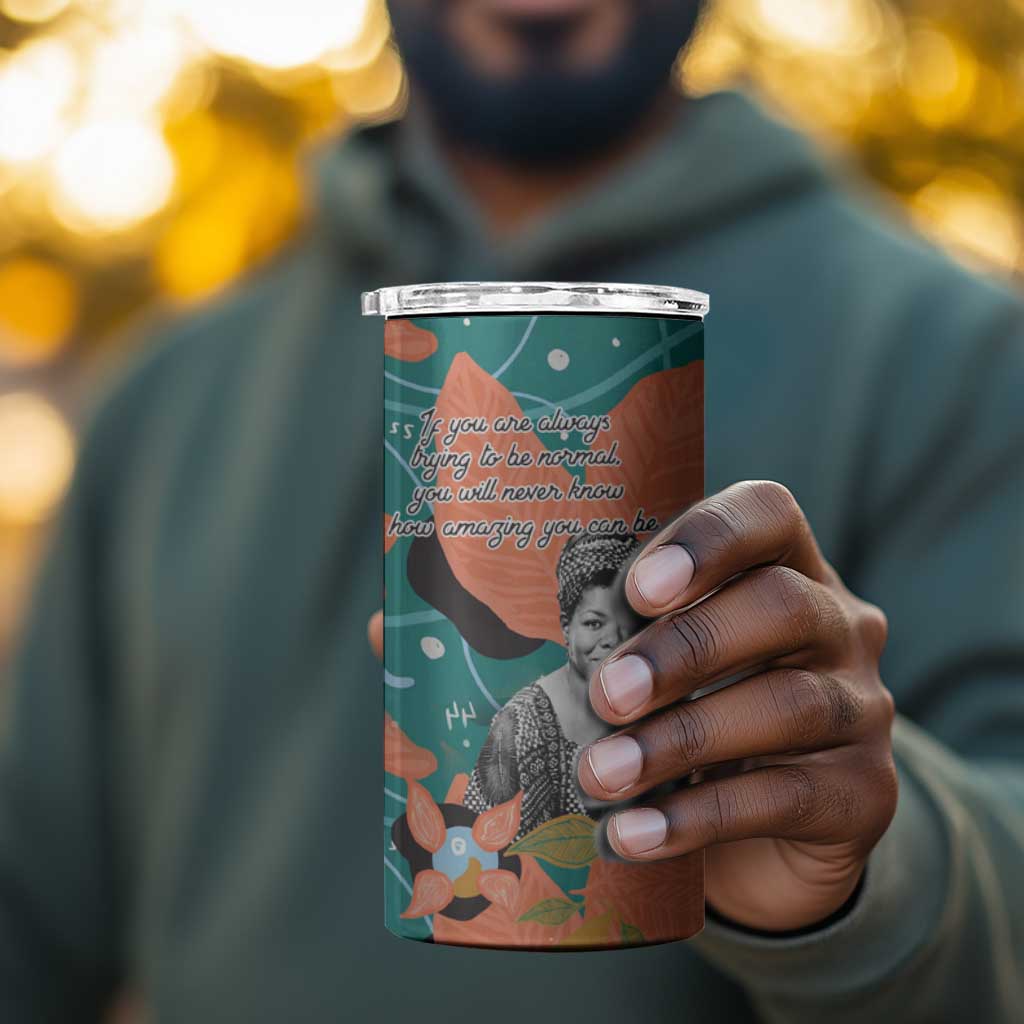Maya Angelou 4 in 1 Can Cooler Tumbler Inspirational Quote Design Vibrant Teal and Orange Leaf Motif - Wonder Print Shop