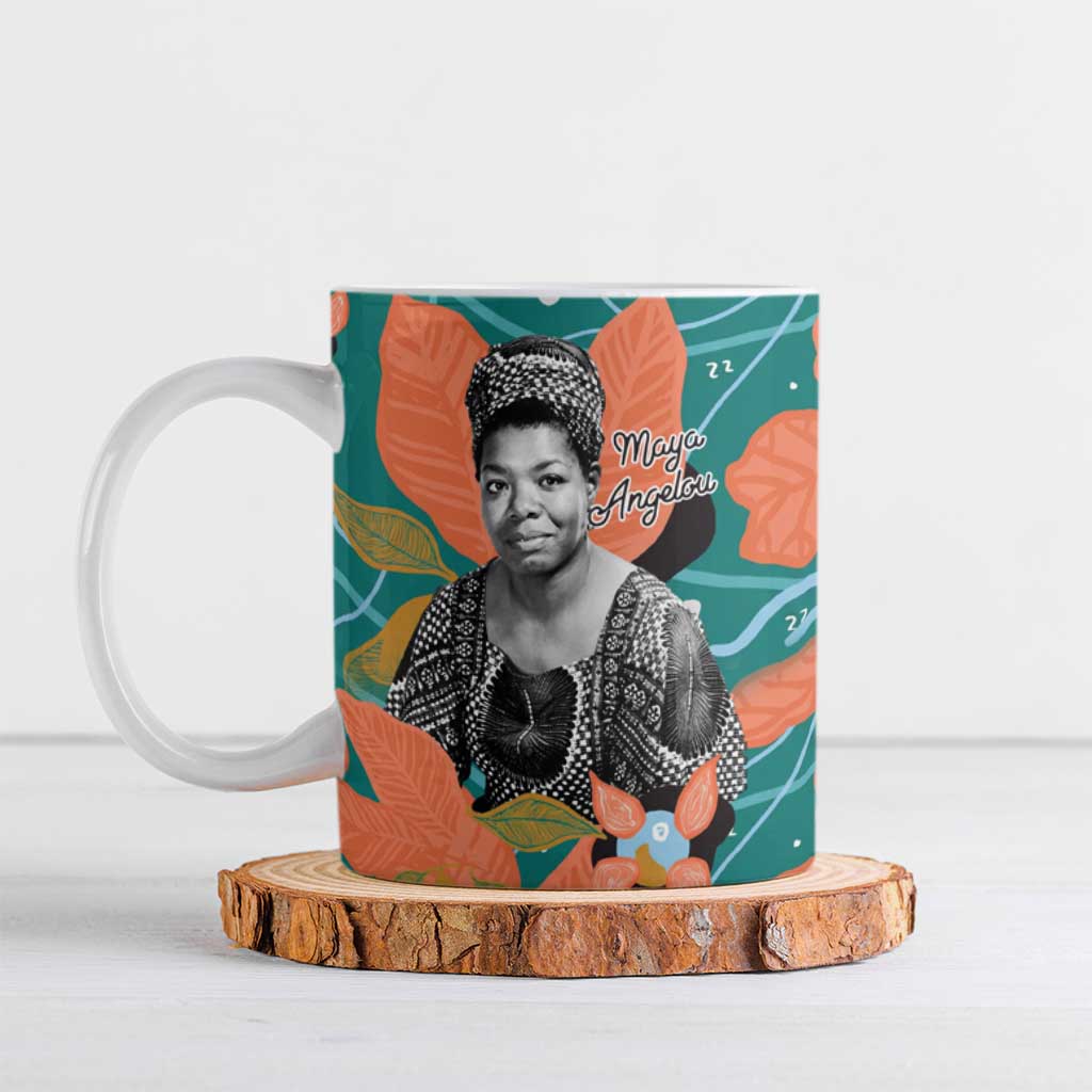 Maya Angelou Ceramic Mug Inspirational Quote Design Vibrant Teal and Orange Leaf Motif - Wonder Print Shop