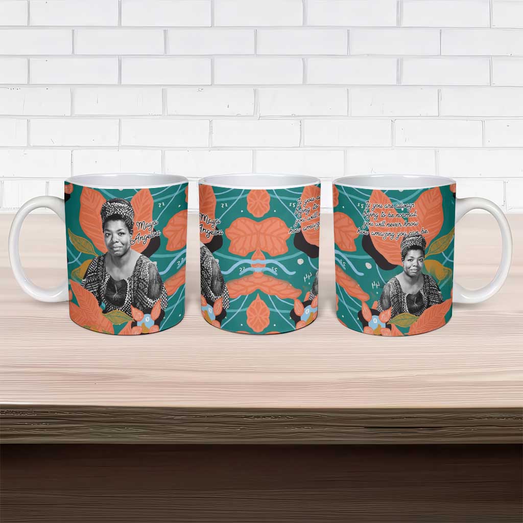 Maya Angelou Ceramic Mug Inspirational Quote Design Vibrant Teal and Orange Leaf Motif - Wonder Print Shop