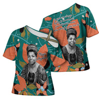 Maya Angelou Cross Shoulder Shirt Inspirational Quote Design Vibrant Teal and Orange Leaf Motif - Wonder Print Shop