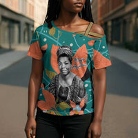 Maya Angelou Cross Shoulder Shirt Inspirational Quote Design Vibrant Teal and Orange Leaf Motif - Wonder Print Shop