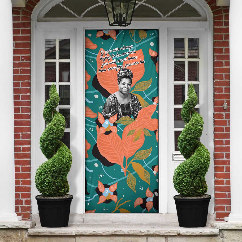 Maya Angelou Door Cover Inspirational Quote Design Vibrant Teal and Orange Leaf Motif - Wonder Print Shop