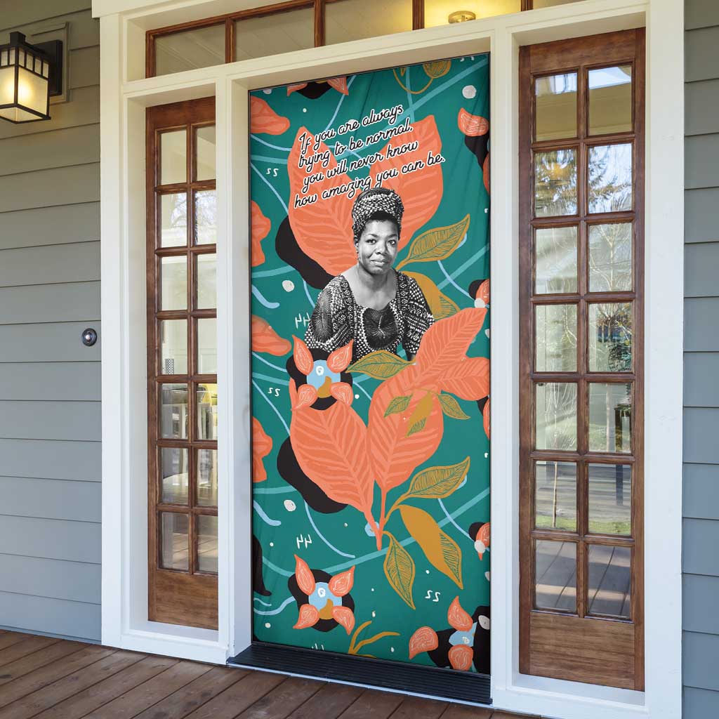 Maya Angelou Door Cover Inspirational Quote Design Vibrant Teal and Orange Leaf Motif - Wonder Print Shop
