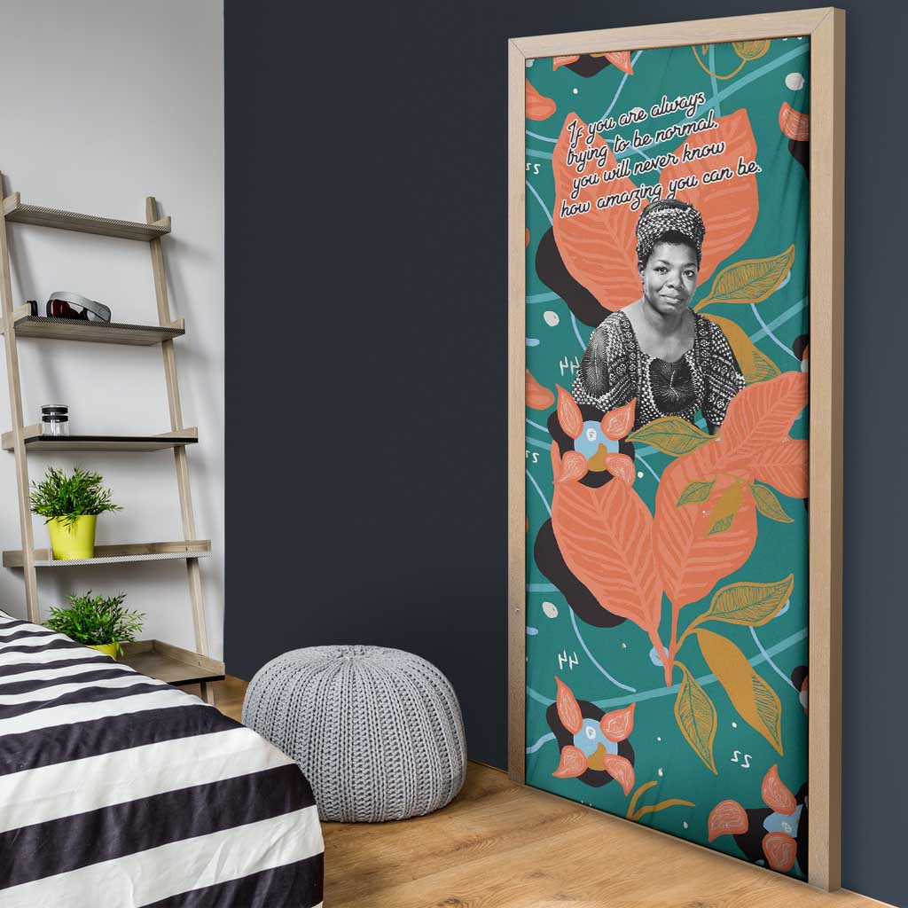 Maya Angelou Door Cover Inspirational Quote Design Vibrant Teal and Orange Leaf Motif - Wonder Print Shop