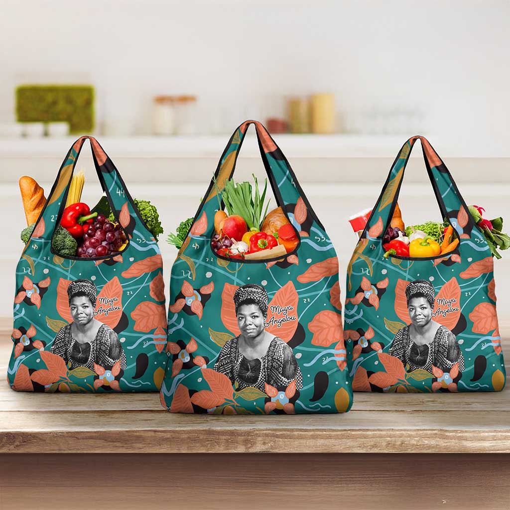 Maya Angelou Grocery Bag Inspirational Quote Design Vibrant Teal and Orange Leaf Motif - Wonder Print Shop