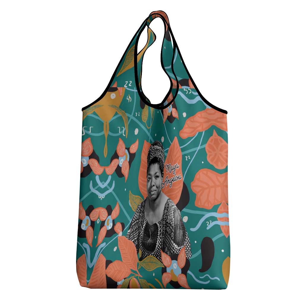 Maya Angelou Grocery Bag Inspirational Quote Design Vibrant Teal and Orange Leaf Motif - Wonder Print Shop