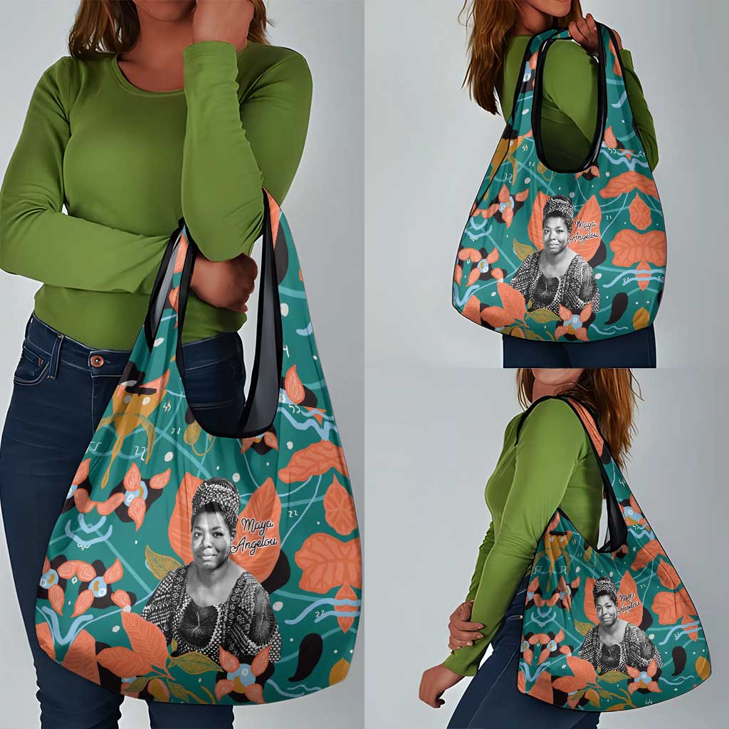 Maya Angelou Grocery Bag Inspirational Quote Design Vibrant Teal and Orange Leaf Motif - Wonder Print Shop