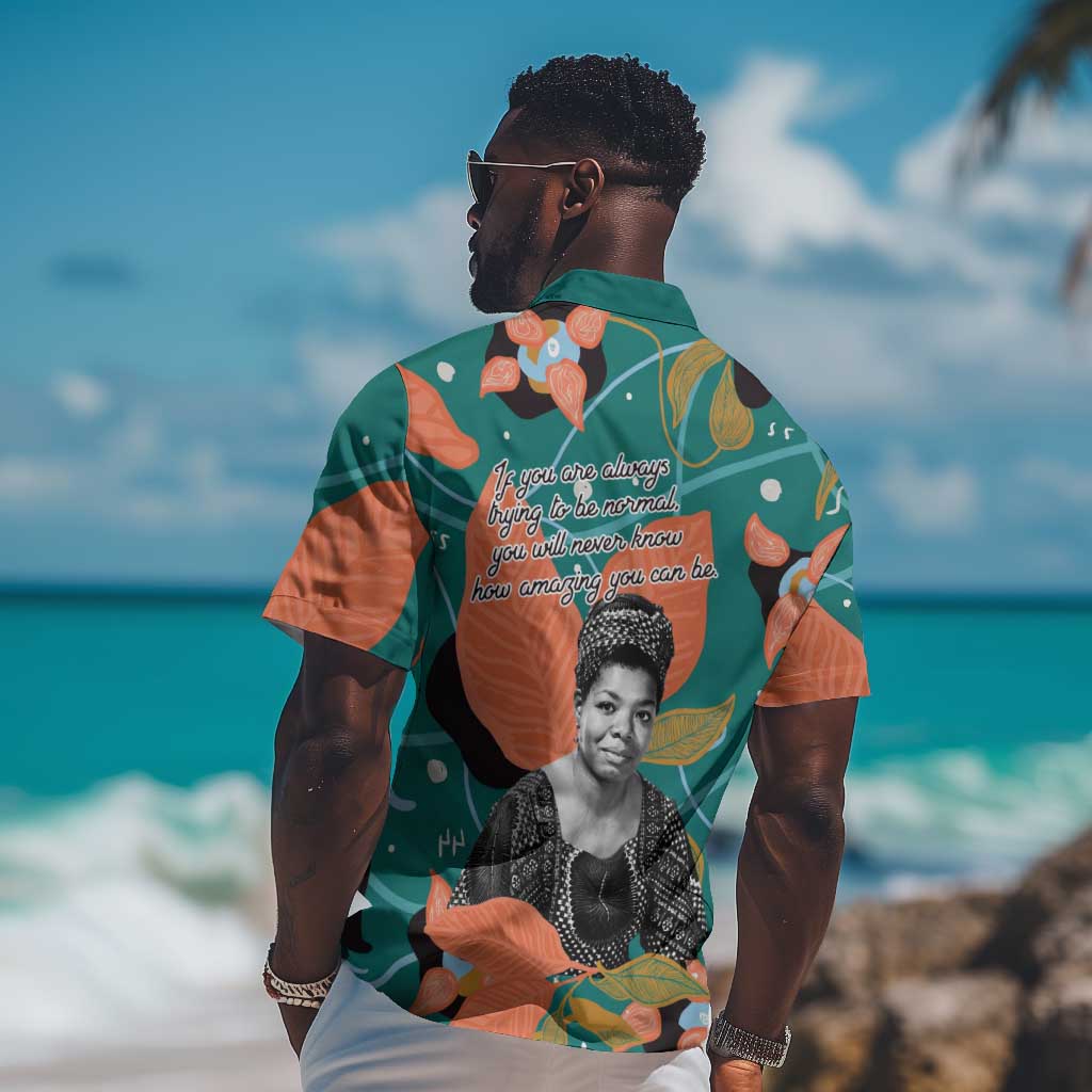 Maya Angelou Hawaiian Shirt Inspirational Quote Design Vibrant Teal and Orange Leaf Motif - Wonder Print Shop