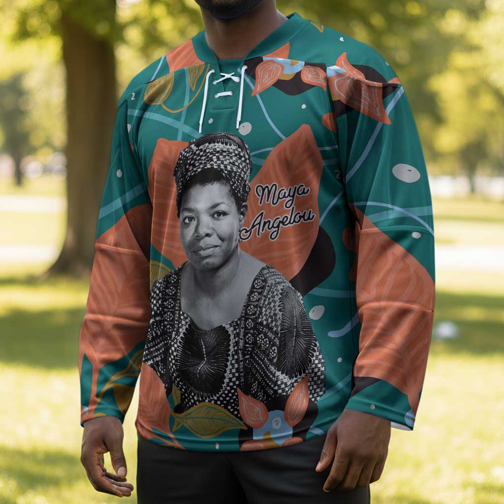 Maya Angelou Hockey Jersey Inspirational Quote Design Vibrant Teal and Orange Leaf Motif - Wonder Print Shop