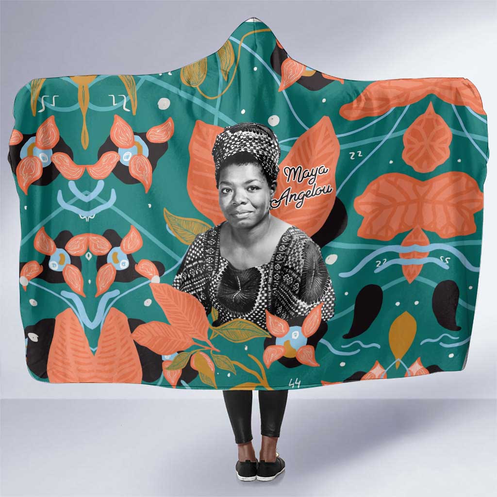 Maya Angelou Hooded Blanket Inspirational Quote Design Vibrant Teal and Orange Leaf Motif - Wonder Print Shop
