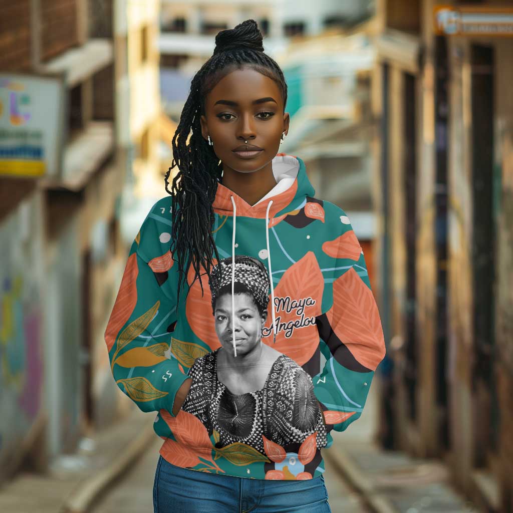 Maya Angelou Hoodie Inspirational Quote Design Vibrant Teal and Orange Leaf Motif - Wonder Print Shop