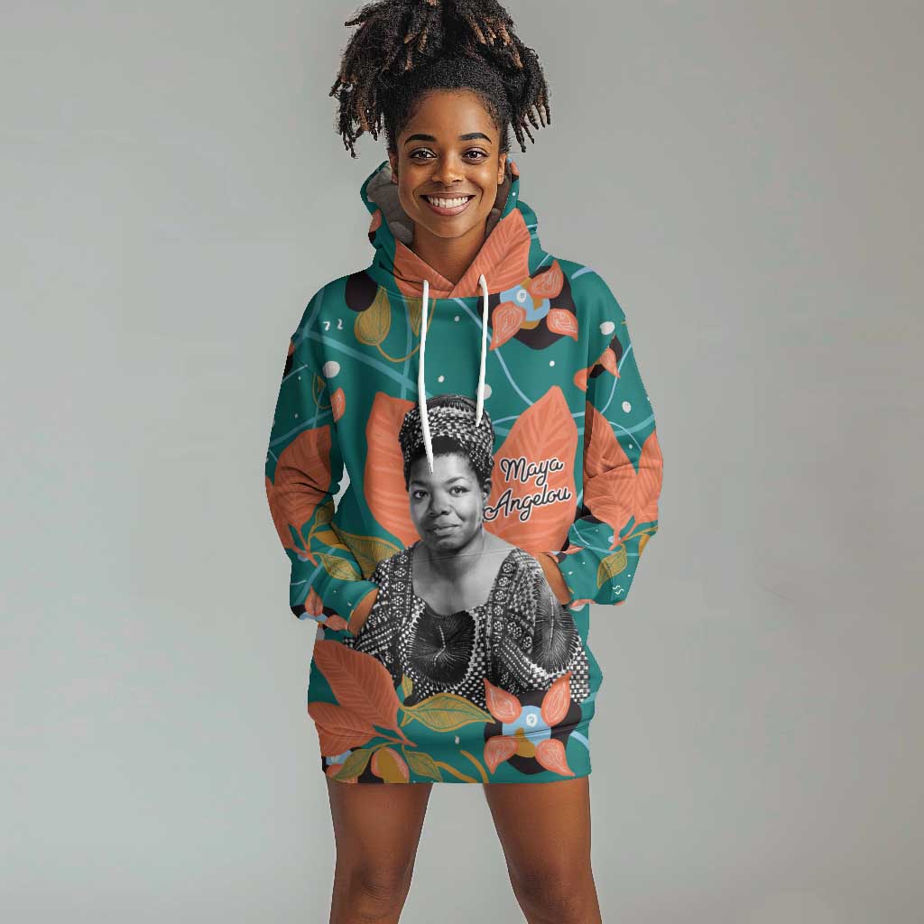 Maya Angelou Hoodie Dress Inspirational Quote Design Vibrant Teal and Orange Leaf Motif - Wonder Print Shop