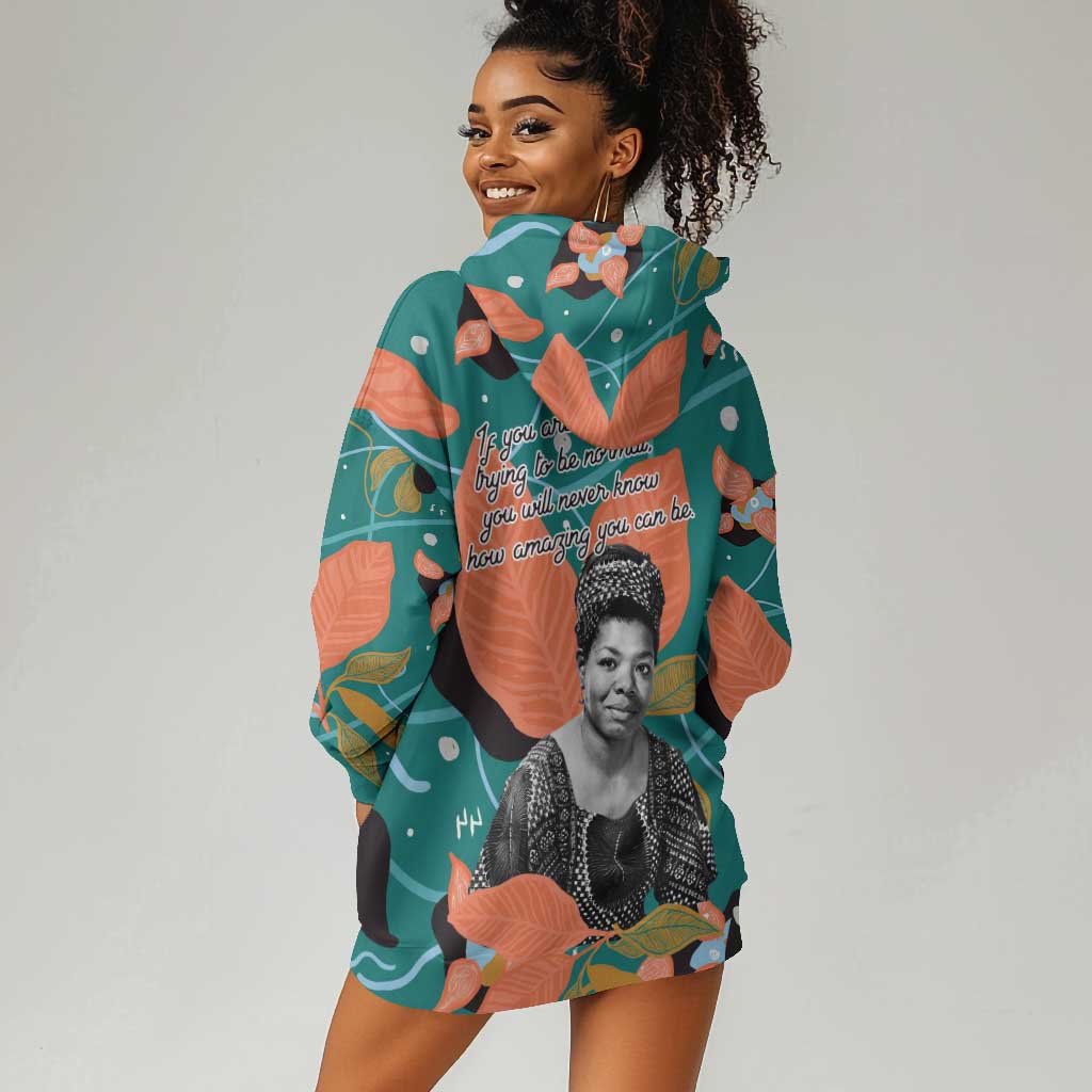 Maya Angelou Hoodie Dress Inspirational Quote Design Vibrant Teal and Orange Leaf Motif - Wonder Print Shop