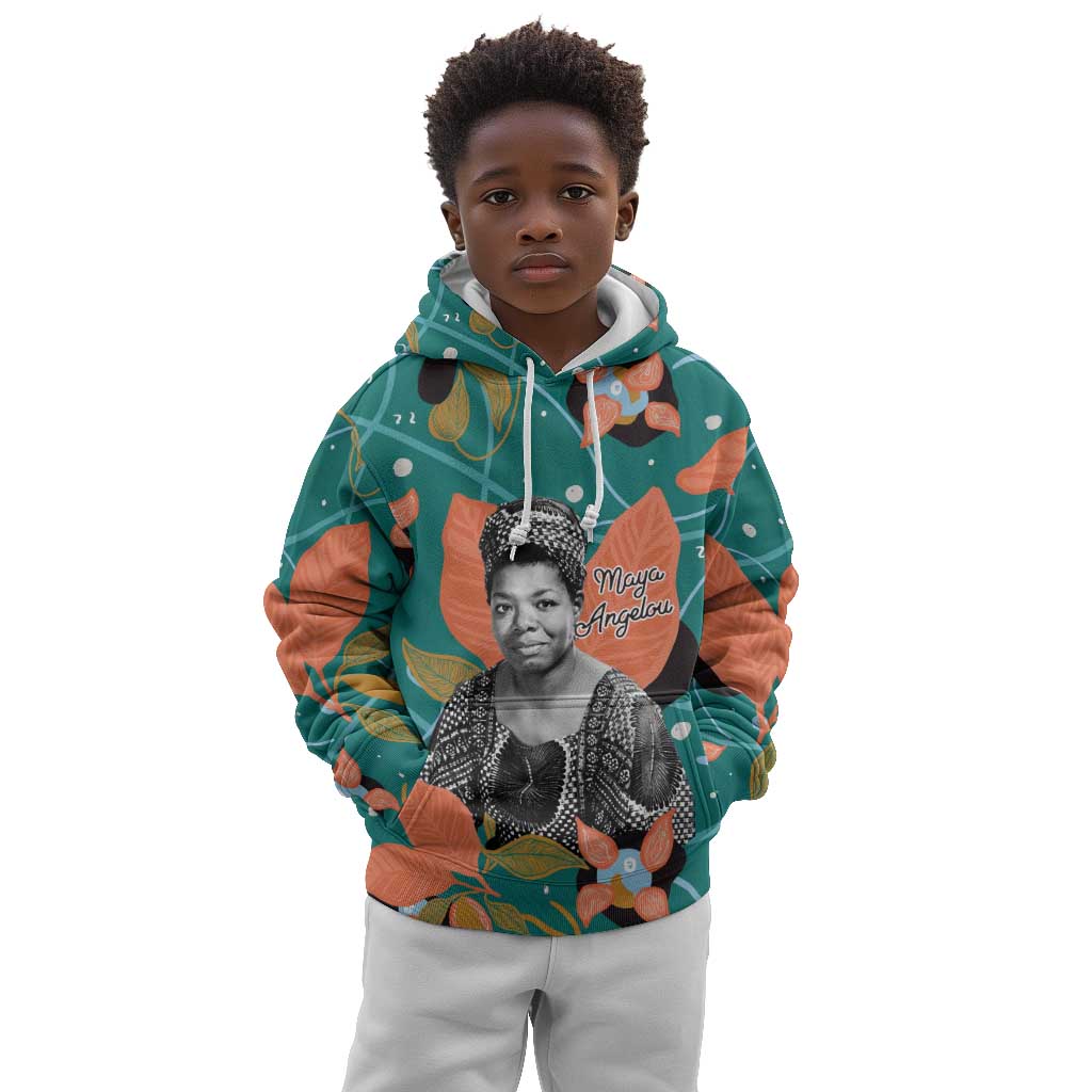 Maya Angelou Kid Hoodie Inspirational Quote Design Vibrant Teal and Orange Leaf Motif - Wonder Print Shop