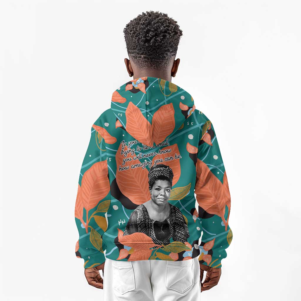 Maya Angelou Kid Hoodie Inspirational Quote Design Vibrant Teal and Orange Leaf Motif - Wonder Print Shop