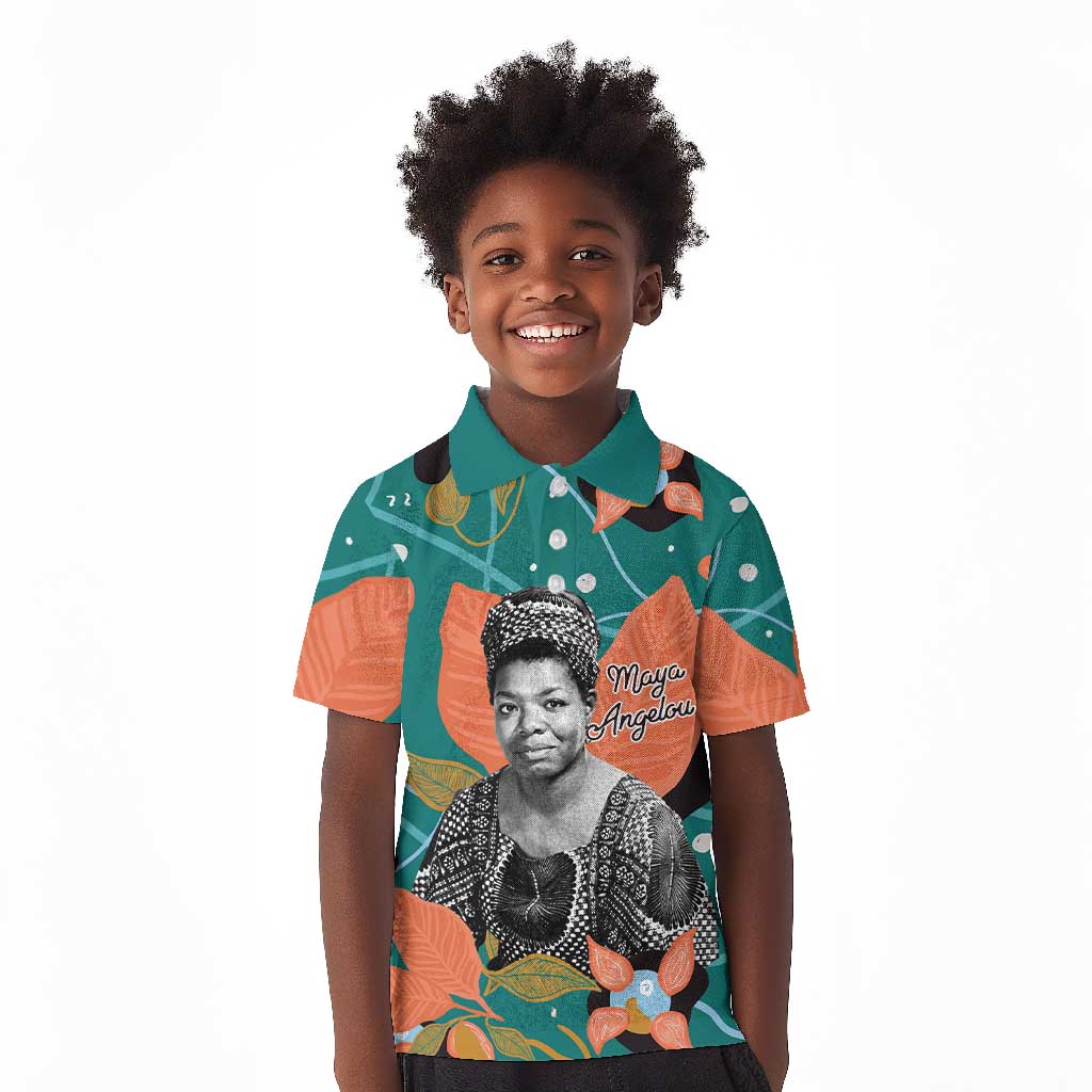 Maya Angelou Kid Polo Shirt Inspirational Quote Design Vibrant Teal and Orange Leaf Motif - Wonder Print Shop