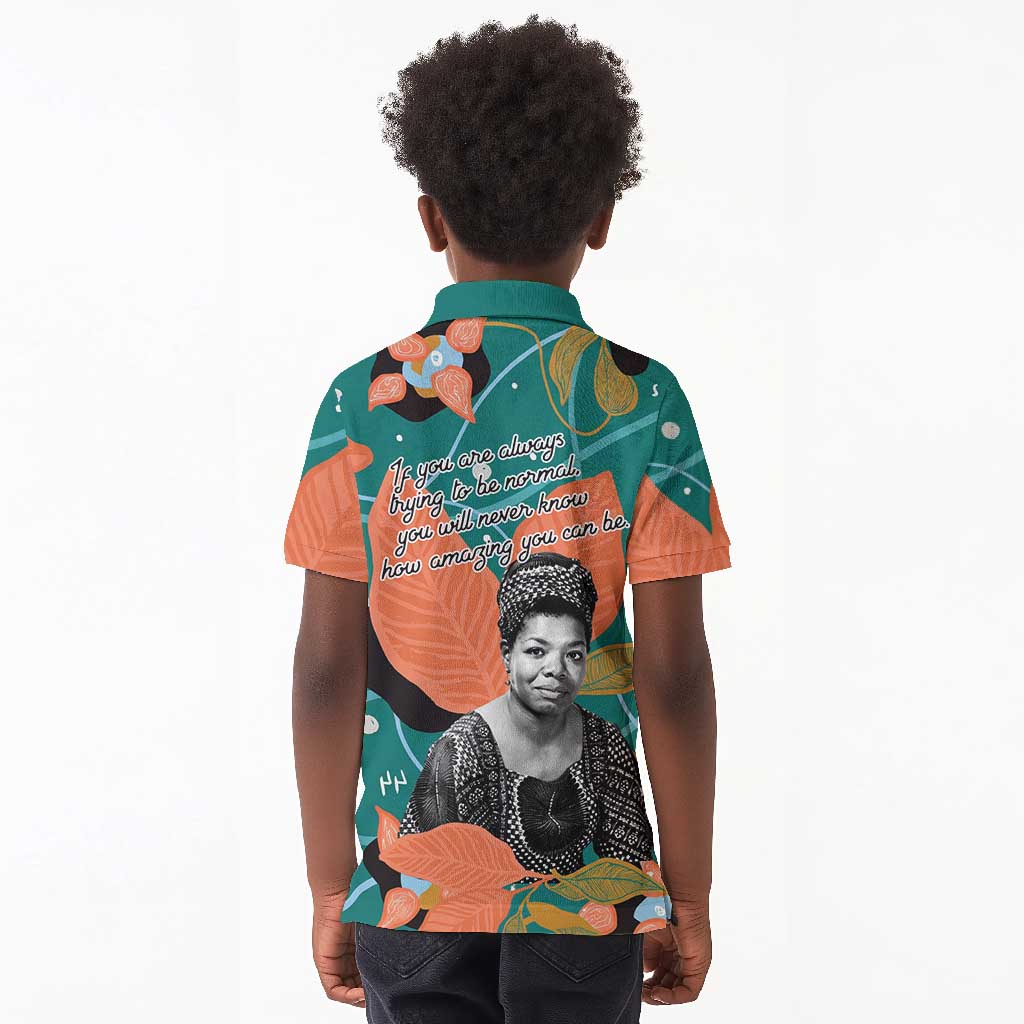 Maya Angelou Kid Polo Shirt Inspirational Quote Design Vibrant Teal and Orange Leaf Motif - Wonder Print Shop