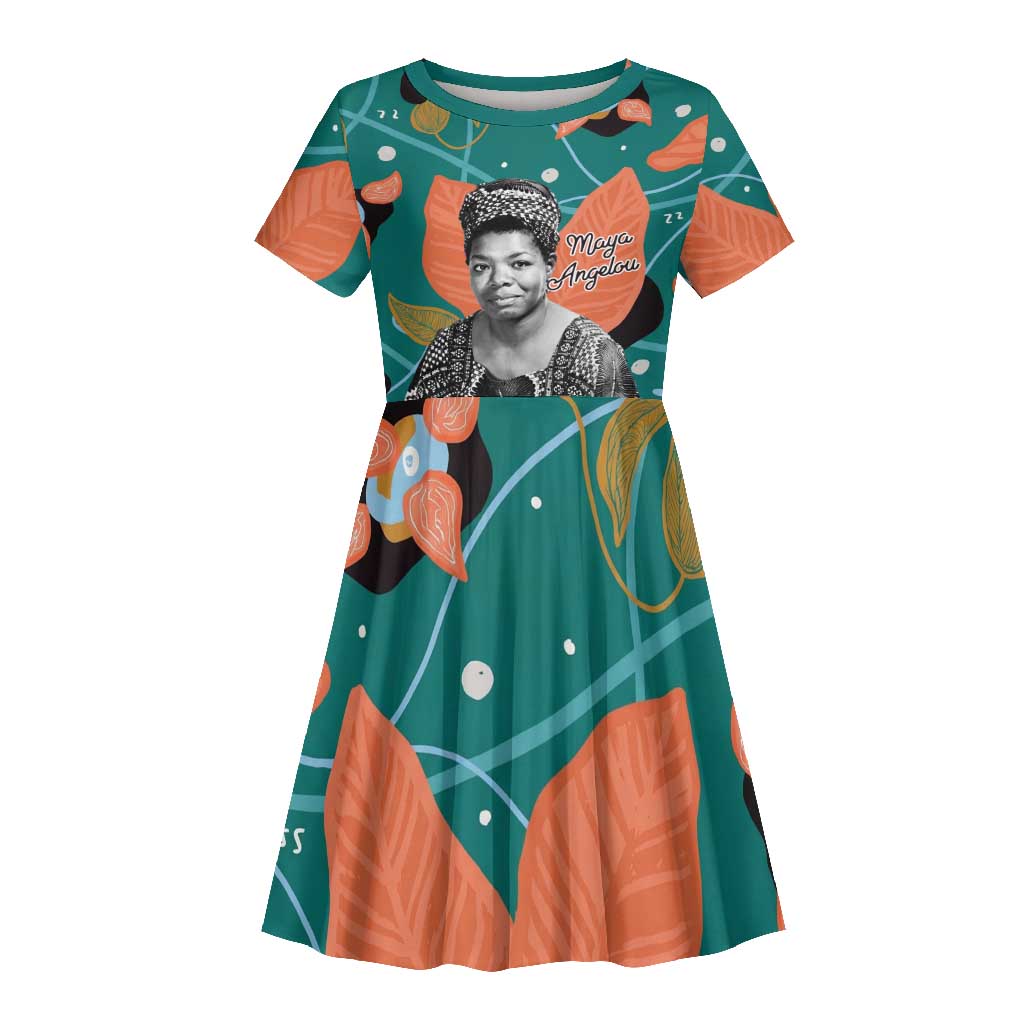 Maya Angelou Kid Short Sleeve Dress Inspirational Quote Design Vibrant Teal and Orange Leaf Motif - Wonder Print Shop
