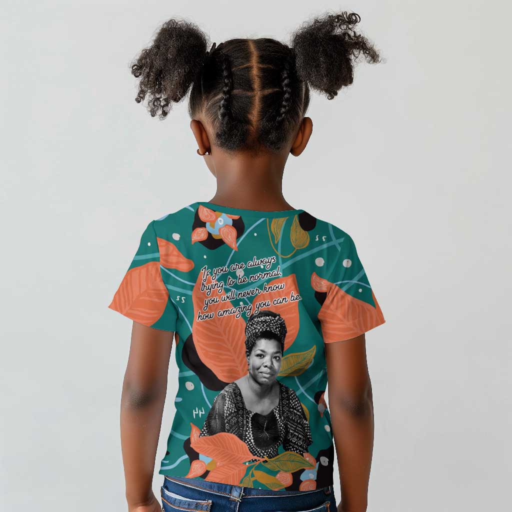 Maya Angelou Kid T shirt Inspirational Quote Design Vibrant Teal and Orange Leaf Motif - Wonder Print Shop