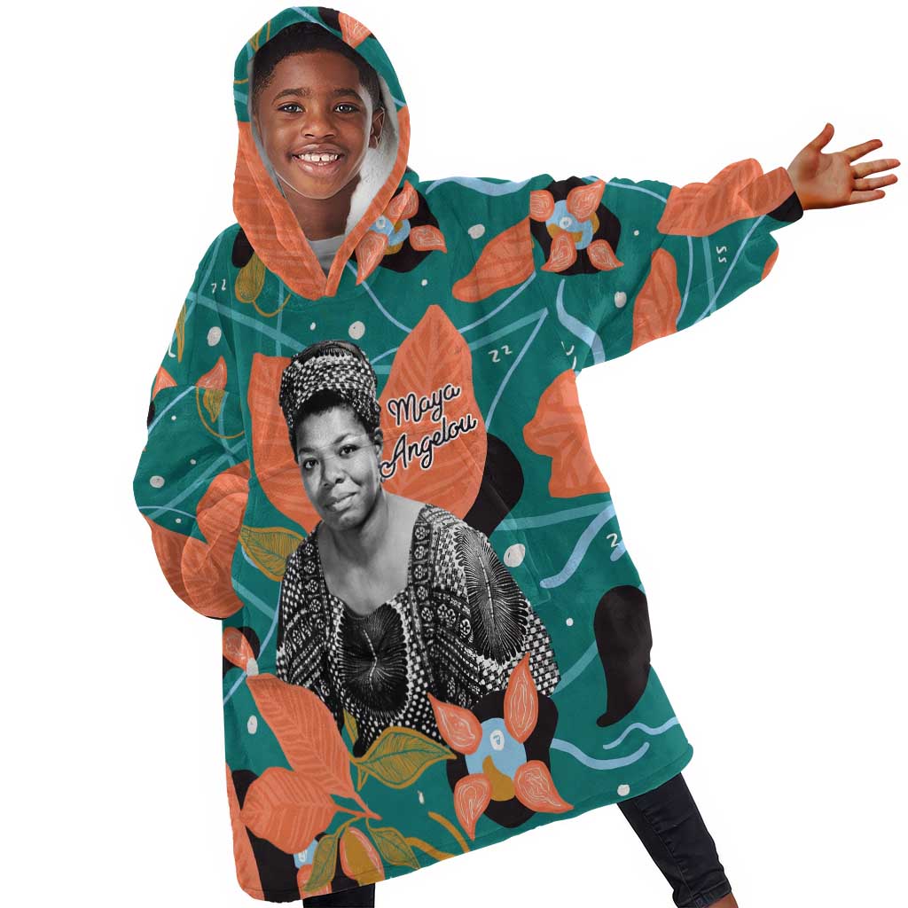 Maya Angelou Kid Wearable Blanket Hoodie Inspirational Quote Design Vibrant Teal and Orange Leaf Motif - Wonder Print Shop