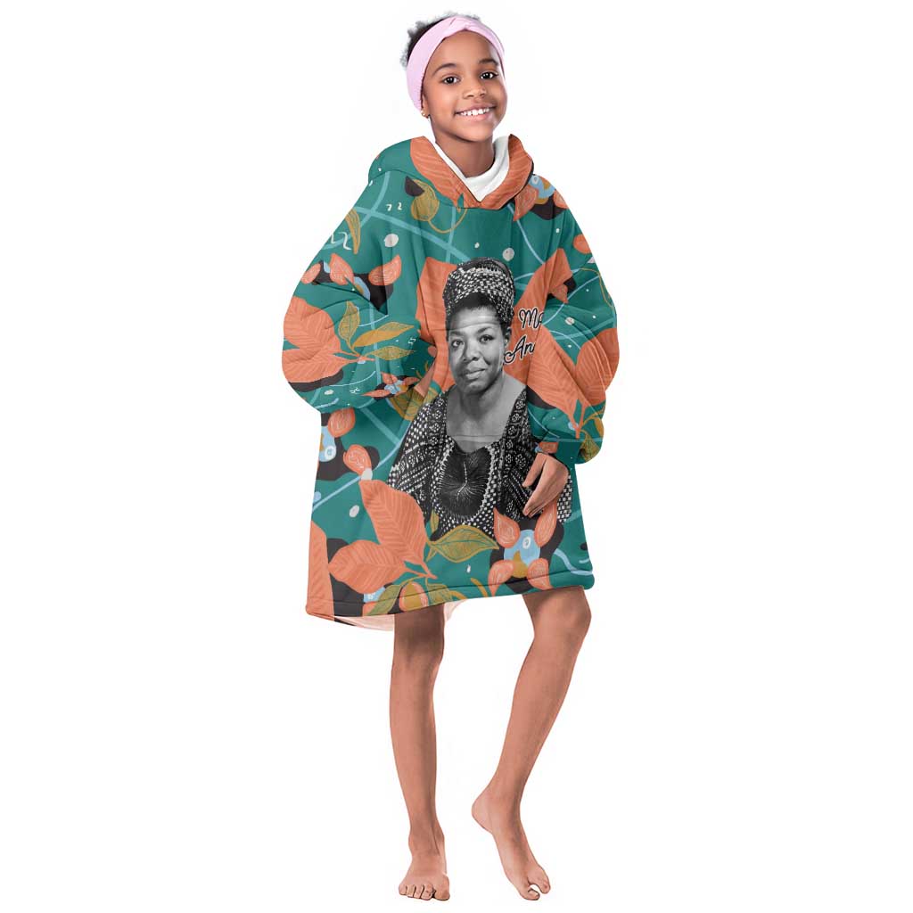 Maya Angelou Kid Wearable Blanket Hoodie Inspirational Quote Design Vibrant Teal and Orange Leaf Motif - Wonder Print Shop